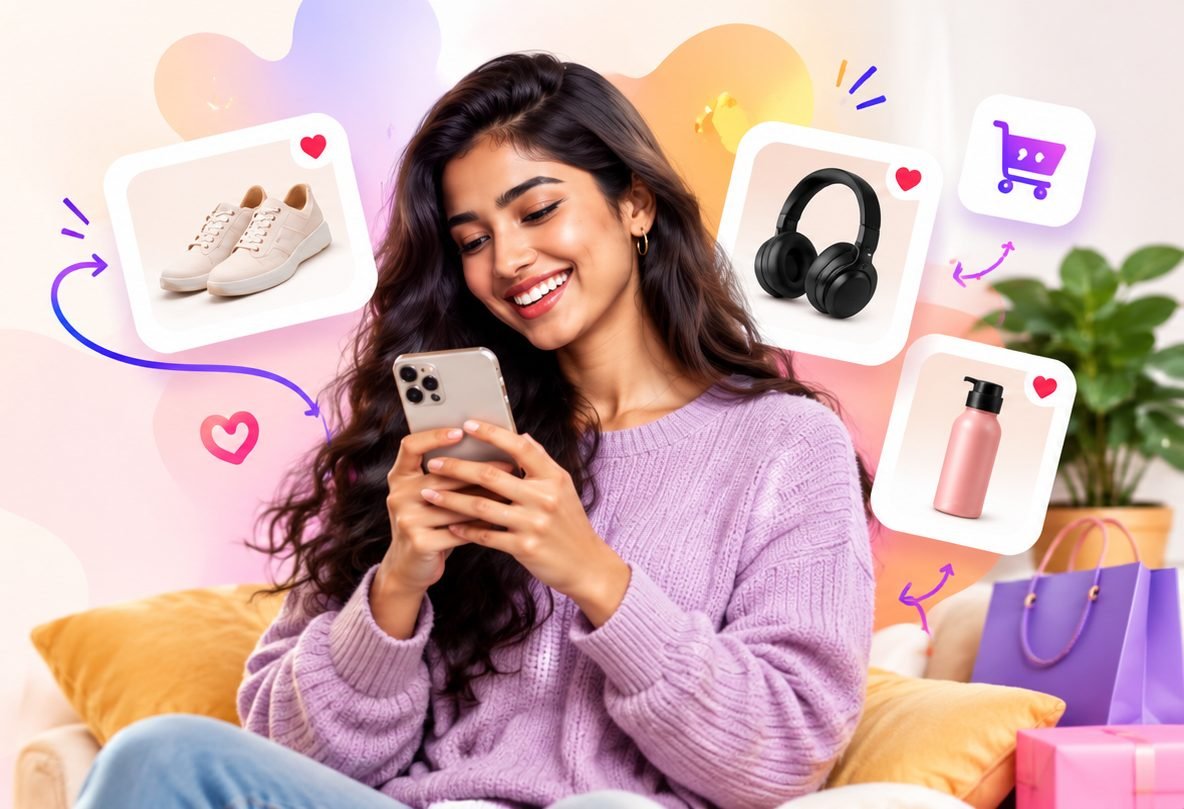 Creator smiling at her phone, surrounded by product cards she shares and earns from