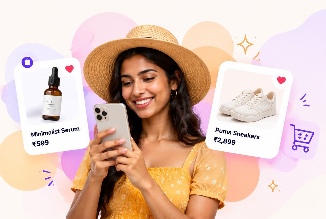 Shopper smiling at her phone between product cards for a serum and sneakers